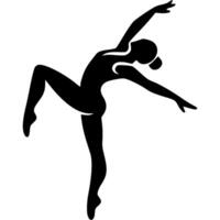 Sport emblem of girl gymnast stands gracefully on one leg while performing a floor routine on mat in monochrome. Engraving minimalistic image in black ink drawing on white background vector