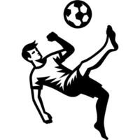 Tattoo emblem of beach soccer player kicks the ball while falling over himself in monochrome. Engraving minimalistic image in black ink drawing on white background vector