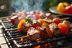 Grilled meat and vegetables on skewers on a grill photo