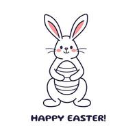 Easter character sitting bunny, rabbit, hare with painted egg. Flat design, outline illustration. Easter character icon, sticker. Happy Easter concept. Hare icon. Easter character coloring page vector