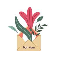 Envelope with lily flowers. Hello spring concept. Summer Letter. Flat design. Flowers bouquet in envelope. Hand drawn trendy icon. vector