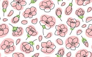 Cherry blossom flowers seamless pattern. Outline illustration with color spots. Doodle style. Hand drawn cherry flowers Isolate on white. Sakura texture. Fabric design vector