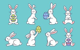 Easter character set. Bunny, rabbit, hare holding with painted egg. Flat design, outline illustration. Easter character icon, mascot, sticker. Happy Easter concept collection vector