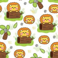 Seamless pattern of cute lion stay behind log wood on grass background.Jungle.Flower,leaf,tree.Wild animal character cartoon design.Kawaii.Illustration. vector