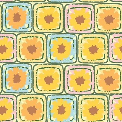 Seamless pattern of sunflower square crochet cartoon background.Floral.Knit.Yarn texture.Handmade.Image for sweater,fashion,clothing.Kawaii.Illustration.