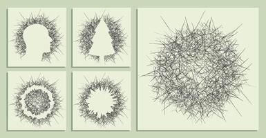 abstract round backgrounds of small hand drawn chaotic prickly lines. Random children doodles of scribbles. Isolated image vector