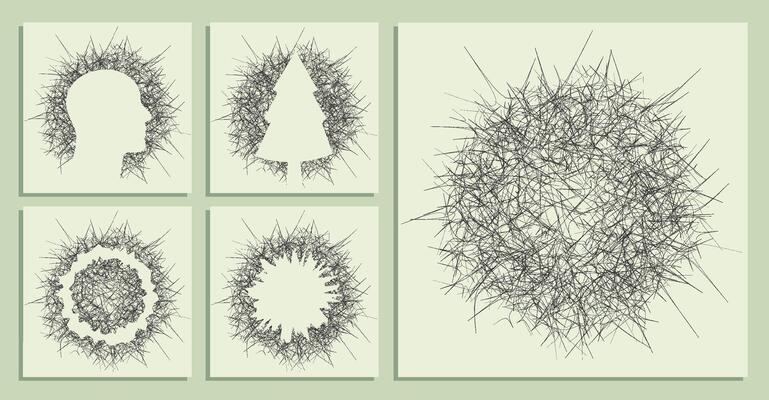 abstract round backgrounds of small hand drawn chaotic prickly lines. Random children doodles of scribbles. Isolated image