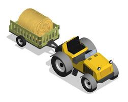 Isometric agricultural tractor with cart and roll of hay. Transport and equipment for transporting agricultural products on field. Realistic cartoon 3d image isolated on white background vector