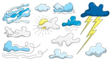 Set of cartoon clouds of different shapes. Hand drawn clouds, sun and weather patterns for illustration decoration. Isolated on white background vector