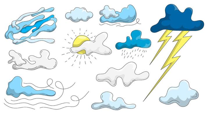 Set of cartoon clouds of different shapes. Hand drawn clouds, sun and weather patterns for illustration decoration. Isolated on white background