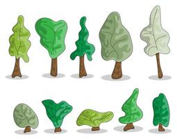 Set of cartoon trees with different crown shapes. Hand drawn trees for park illustrations. Isolated image on white background vector