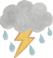 a drawing of a cloud with a lightning bolt and rain drops vector