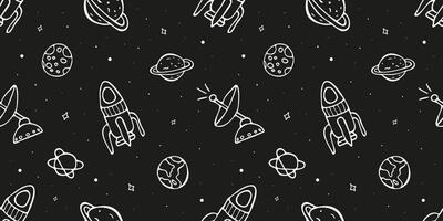 Seamless Pattern with Planet, Rocket, Stars, Comets, Satellite. Space Background in Doodle Hand Drawn Style for Wallpaper, Textile, Fabric, Boy. Print Night sky Hand Drawn Doodle Astronomy Background. vector