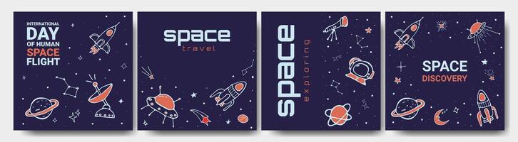 Cosmonautics Day Poster Set. Outer Space Background with Place for Text and Doodle Icons. Cards with Planet, Star, Comet, Rocket. Illustration of Galaxy with Modern Typography. Cosmonautics day. vector