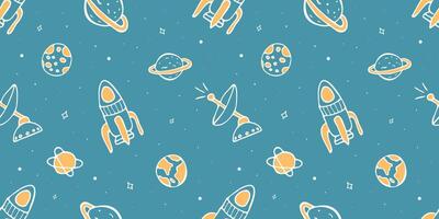 Cute Seamless Pattern with Planet, Rocket, Stars, Comets, Satellite for Boy. Space Background in Doodle Hand Drawn Style for Wallpaper, Textile, Fabric, Boy. Print Night Sky Astronomy Background. vector