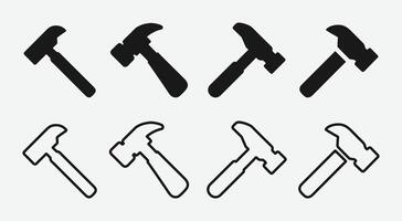 Hammer Icons Set Solid Black and Outline Design. Hammer Icon Collection. Construction Tool Icons. vector