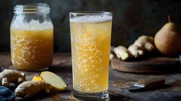 Refreshing ginger beer served in a tall glass beside a jar, ginger root, and fresh pear on a rustic wooden table photo