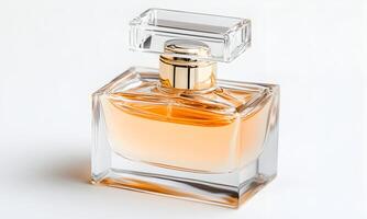 Elegant glass perfume bottle with golden cap and warm fragrance in soft natural light enhancing its luxurious appeal photo