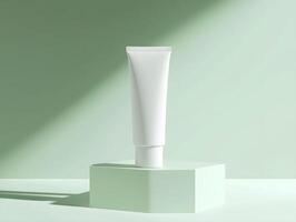 Minimalist white cream tube for mockup displayed on a pastel green platform under soft lighting photo