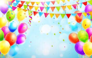 Colorful balloons, confetti, streamers and party flags on blue background with bokeh vector