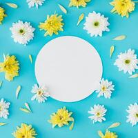 Trendy pattern composition made of white and yellow flowers on light blue background with paper card note copy space. Creative spring and summer concept. Flowers aesthetic. Flat lay style. Top view. photo