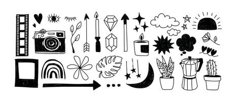 A black and white drawing of various objects vector