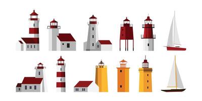 Lighthouse and sailboat set , Tower lighthouse, geometric minimal flat illustration vector