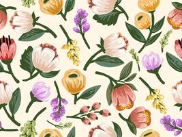 Seamless floral pattern with various flowers and leaves on a cream background vector