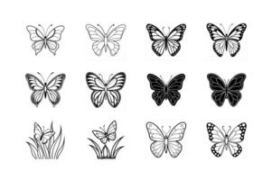 Twelve Butterfly Designs Line Art, Silhouettes, and Grass vector