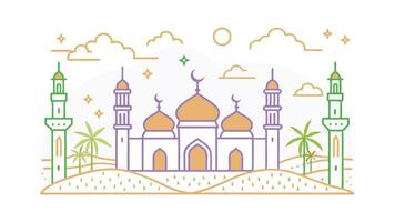 Mosque Landscape Desert, Palms, Minarets, Islamic Architecture vector