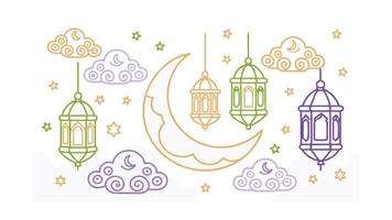 Ramadan Kareem Crescent Moon, Stars, Clouds, Hanging Lanterns vector