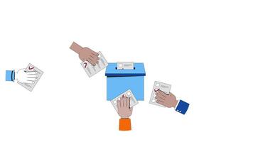 colectivo votación para democracia 2d animación. democrático elección. diverso manos fundición papeletas dentro votación caja animado caracteres dibujos animados plano concepto metáfora 4k aislado en blanco video