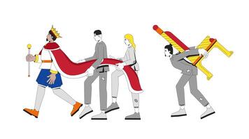 Burden of monarchy authority and class struggle 2D animation. King walking ahead with impoverished servants exploitation animated characters cartoon flat concept metaphor 4K isolated on white video