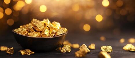 Golden nuggets in a bowl with soft bokeh background. photo