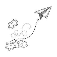 Hand drawn paper airplane taking flight over puzzle pieces, symbolizing progress and problem-solving. vector