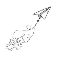 Paper airplane taking flight over puzzle pieces, symbolizing progress and problem-solving. vector