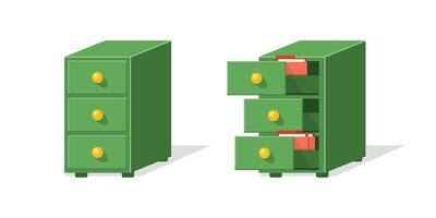 Two green filing cabinets with files inside vector