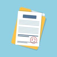 A document with a stamp and a paper folder on a blue background vector