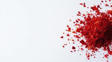 Colorful red sugar crystals on a white background. photo