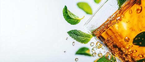 Refreshing mint drink with bubbles and leaves. photo