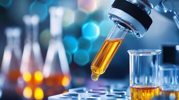 Pipette with orange liquid in laboratory setting. photo