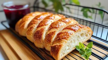 Freshly baked bread on a wooden board. photo