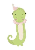 A cartoon green lizard with a birthday hat on vector