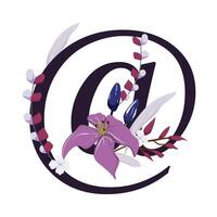 A purple flower and leaves are in the shape of an email vector