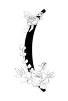 A black and white drawing of a crescent with flowers vector