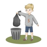 A boy throwing trash into a trash can vector