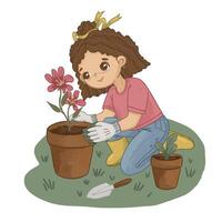 A girl is planting flowers in a pot vector