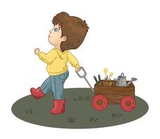 A little boy pulling a wagon with tools vector