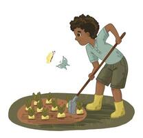 A boy is digging in the garden with a rake vector