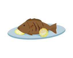 Fish with lemon slices on a plate vector